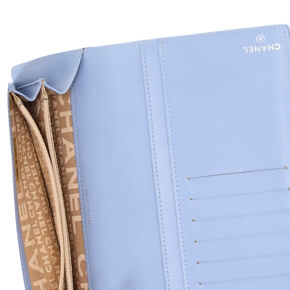 CHANEL Long Bifold Wallet Light Blue Leather Logo - Picture 6 of 8